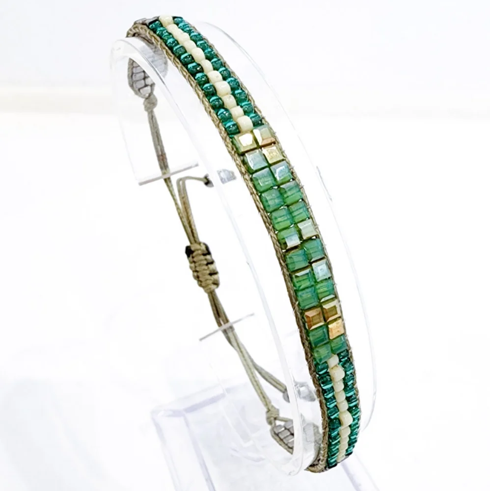 Boho dainty bracelet petite seed beads adjustable length green golden lime gold